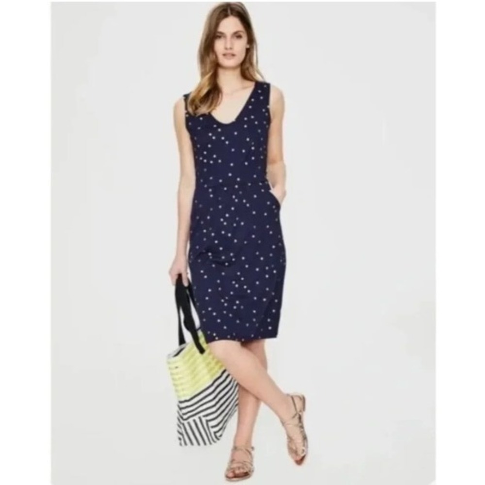 Boden Melinda Jersey Dress Navy Blue Gold Polka Dot V-Neck Pocket Sleeveless 8